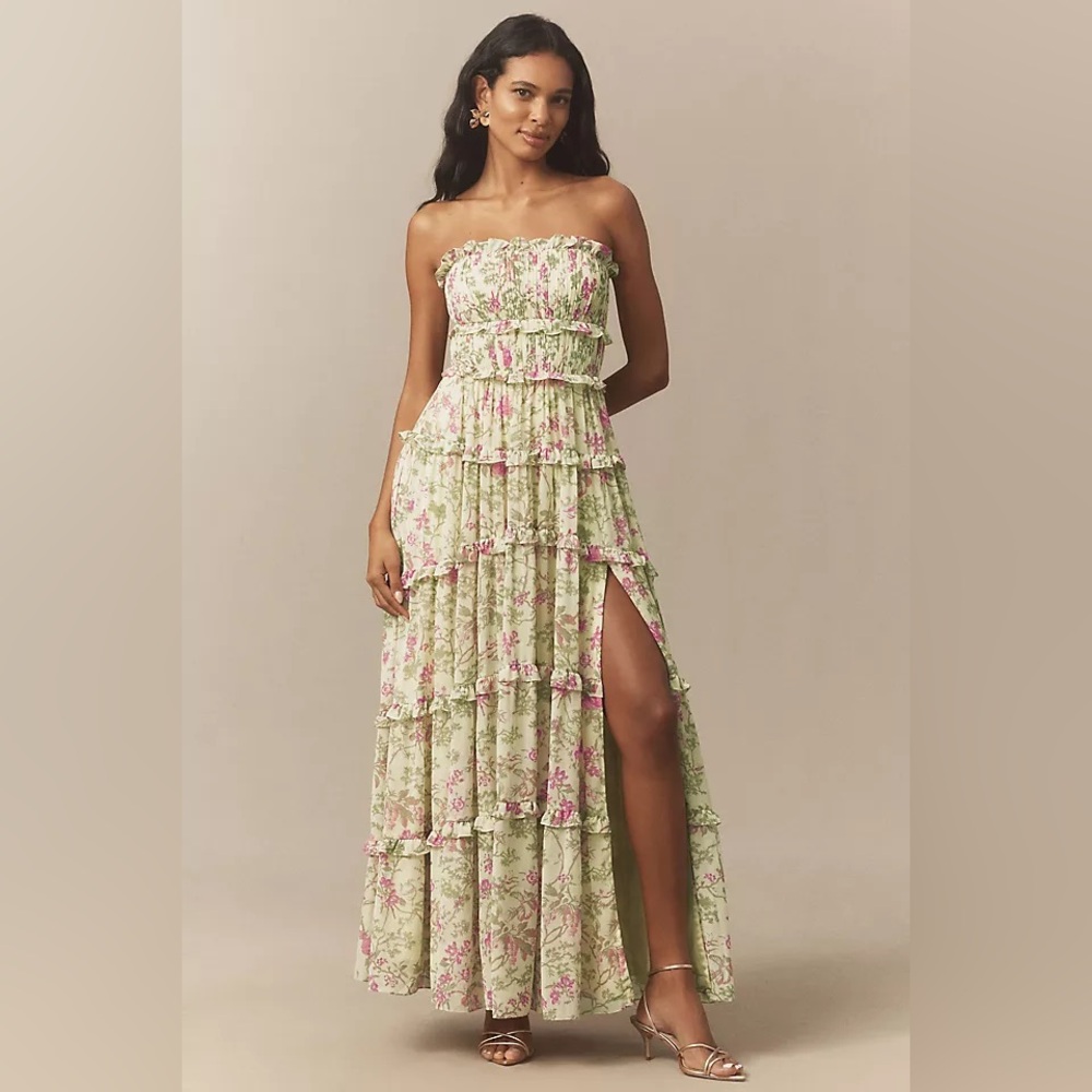BHLDN Strapless Floral Tiered Maxi Dress in Light Green and Pink